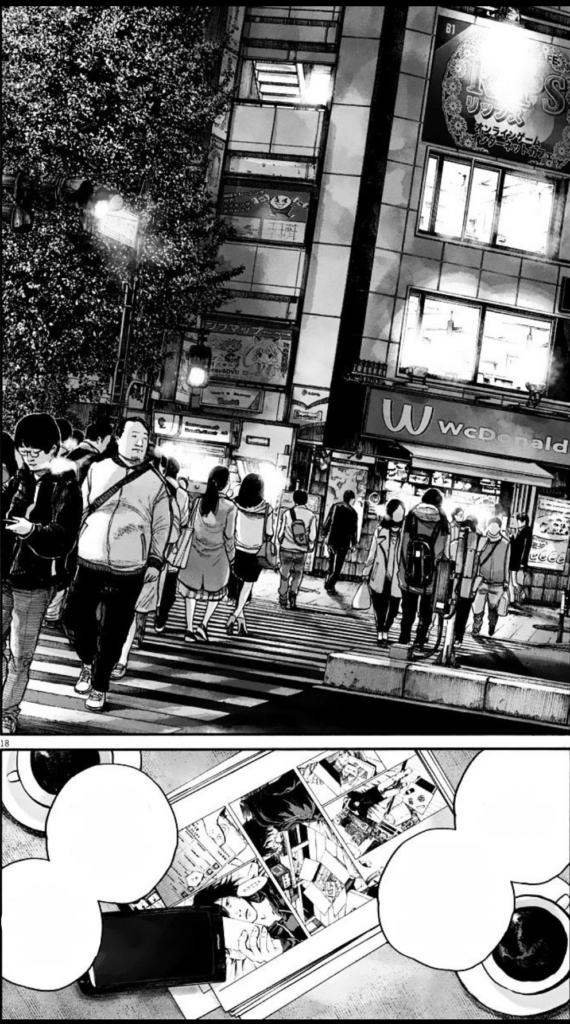 Top panel is a busy street with a WcDonald front. Many pedestrians crossing the street. Bottom panel is a manga manuscript.
Downfall by Asano Inio