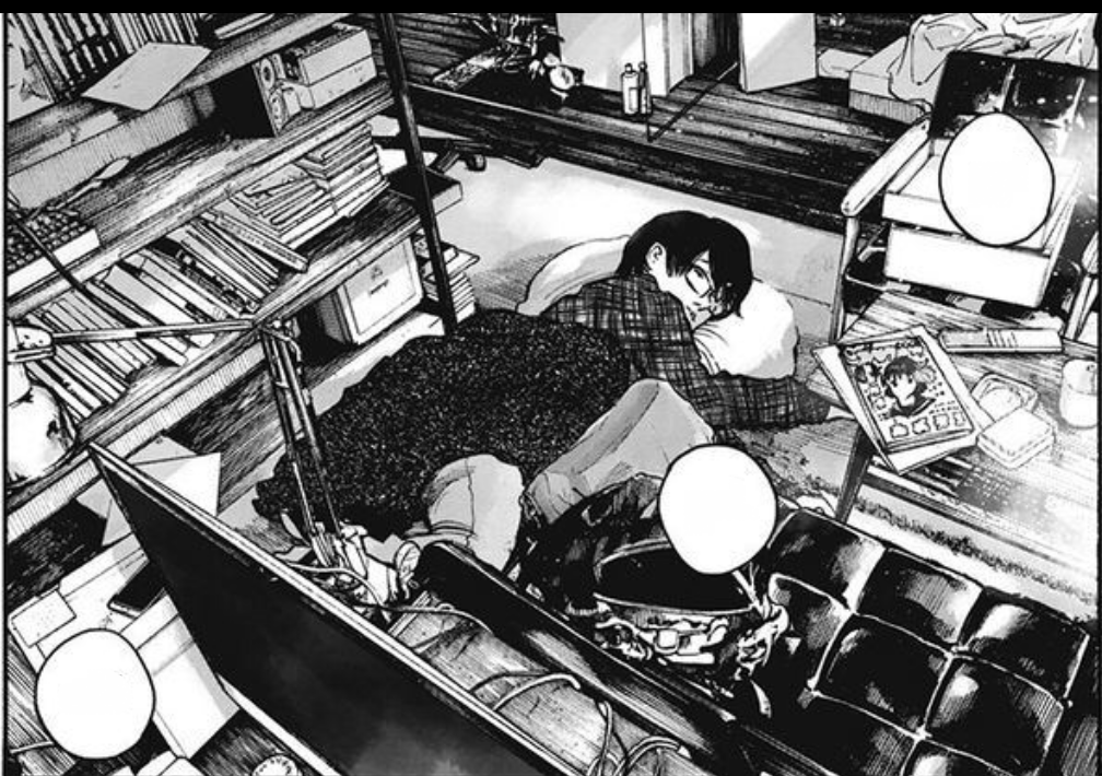 Man in state of depression in the tiniest corner of his office.
Downfall by Asano Inio